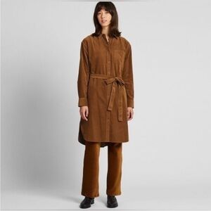 Uniqlo Brown Corduroy Shirt Dress Cotton Belt Tie Button Up MEDIUM Old Money